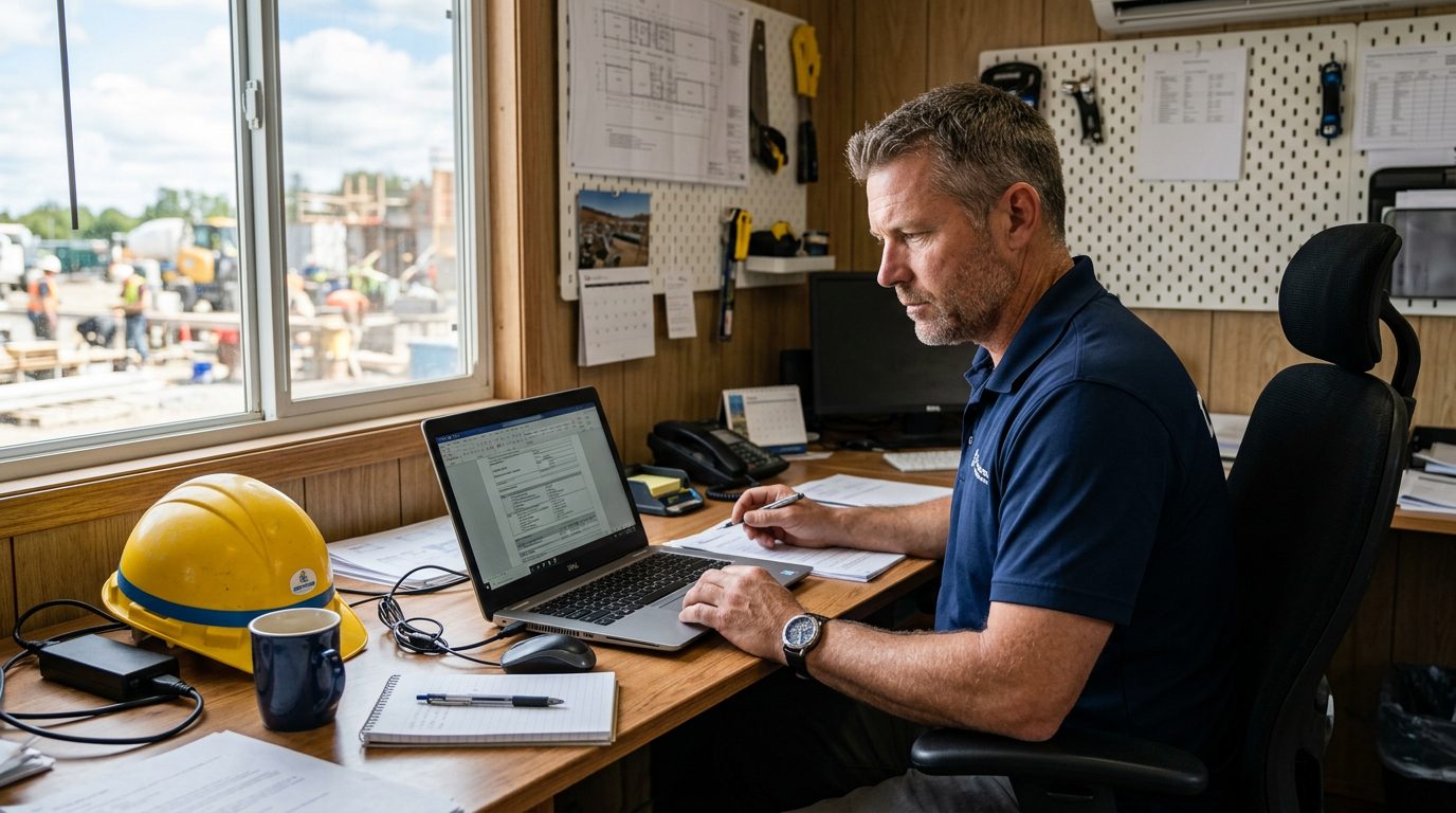 A construction business owner reviewing tender opportunities and a draft proposal on a laptop in a site office
